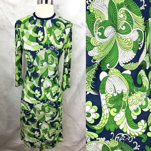 Vintage 60s Nelly Don Mod Shift Dress Psychedelic Abstract Swirl Green S MCM